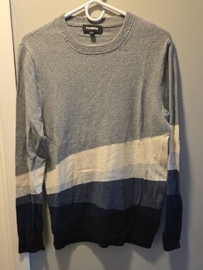 Express Men's Colorblock Crewneck Sweater - Gray/Navy/Cream